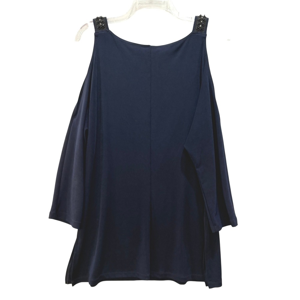 Travelers by Chicos Navy Blue Cold Shoulder Beaded Trim Top Size 2 / Large